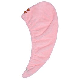  A pink, plush, hooded hair towel made of bamboo material.