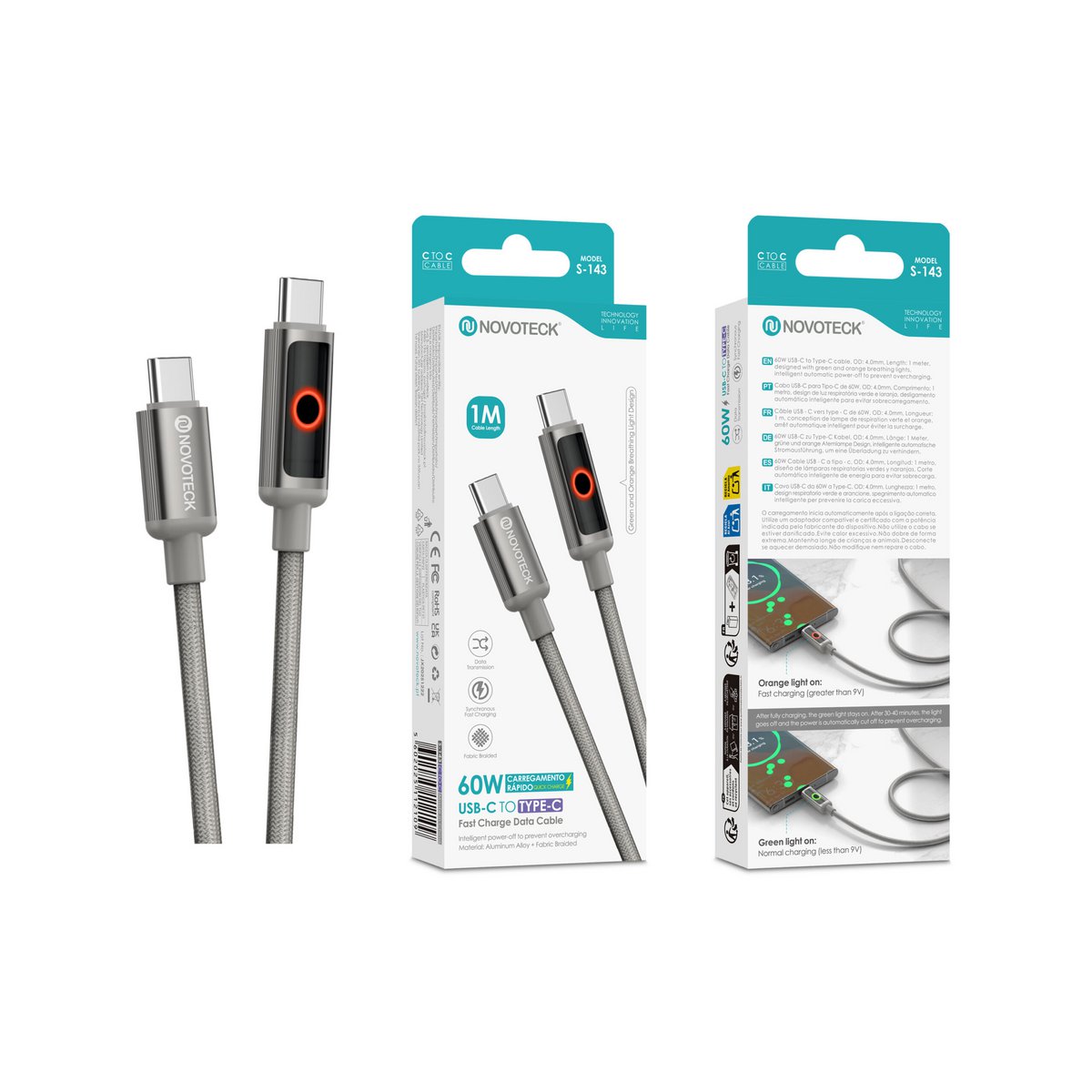 Cable NOVOTECK S-143 USB-C a USB-C: carga rápida de 60 W, 1 m, indicador LED y transferencia de datos