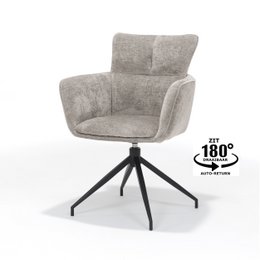  Upholstered armchair with a swivel base, featuring a neutral fabric in a natural tone. The chair has a modern, minimalist design with a comfortable, supportive backrest.