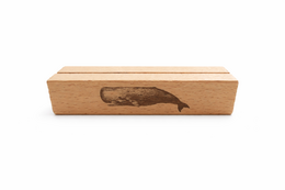 Wooden card holder beech wood whale engraved design table decoration natural brown