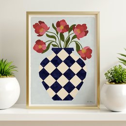 Vase with red tulips in a checkered pattern. The vase is a navy and white checkered design, and the tulips are vibrant red. This art print would make a beautiful addition to any home decor.