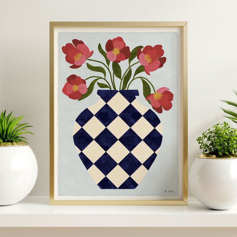 Impresión de arte de jarrón y rosas