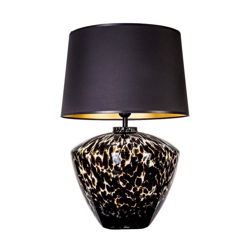Bordlampe af glas, pæreformet, stor, plettet med sort lampeskærm