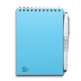 A sky blue hardcover erasable notebook with 1 or 12 notebooks available. The notebook features a spiral binding and lined pages.