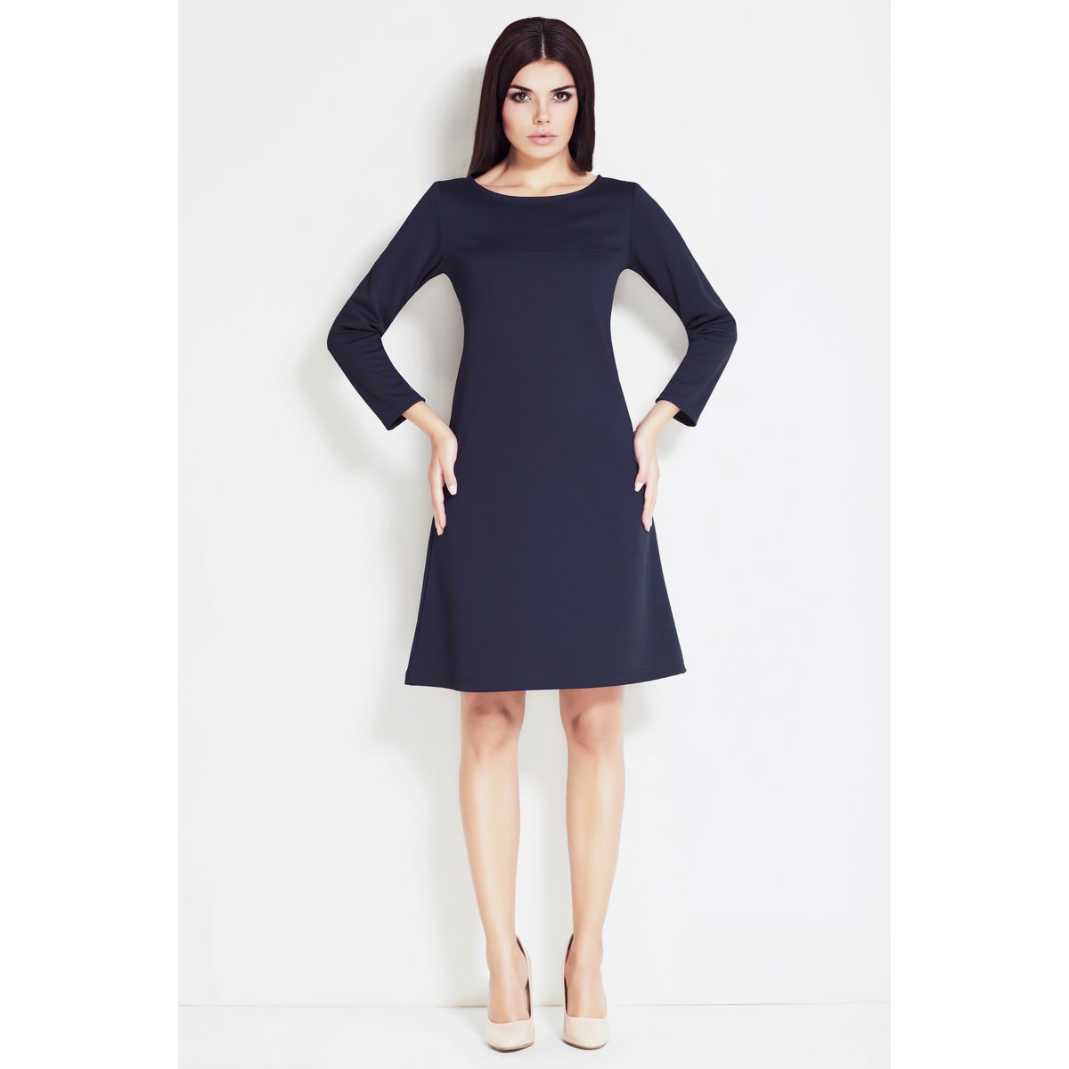 Gebreide trapezejurk met lange mouwen, marineblauw