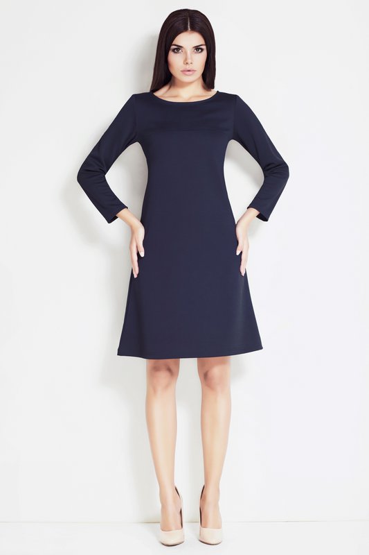 Gebreide trapezejurk met lange mouwen, marineblauw