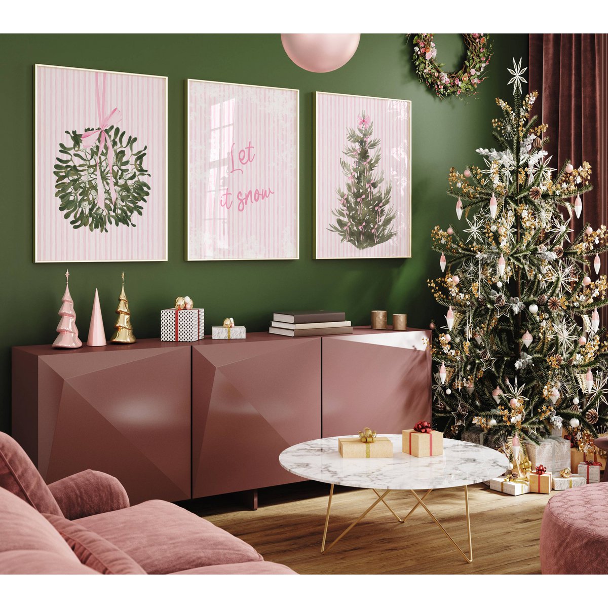 Plakat Kerst Let It Snow, Preppy Kerst Poster, Pink Christmas Plakat, Christmas Tree Poster, Pink Bows Print, Pink Christmas Decor