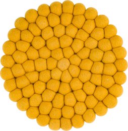 A round, yellow trivet made of felt balls. The trivet has a honeycomb-like pattern and appears to be a decorative kitchen accessory.