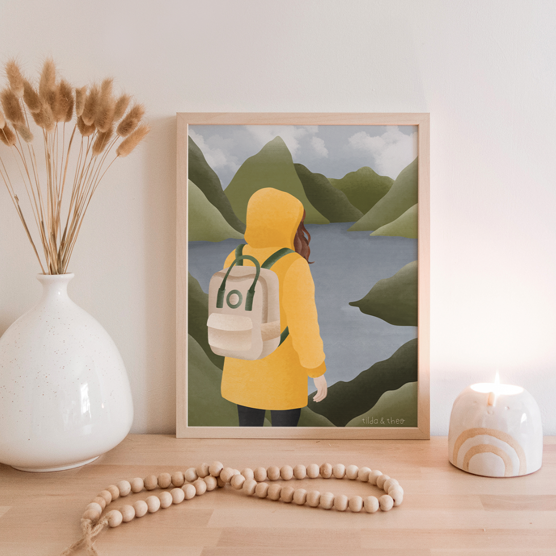 Poster norway fjorden woman in yellow rain jacket - hiking trip Scandinavia - Norwegian mountains