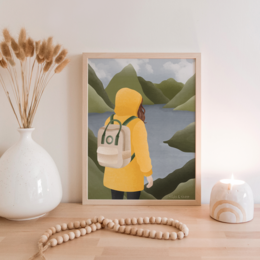 Poster norway fjorden woman in yellow rain jacket - hiking trip Scandinavia - Norwegian mountains