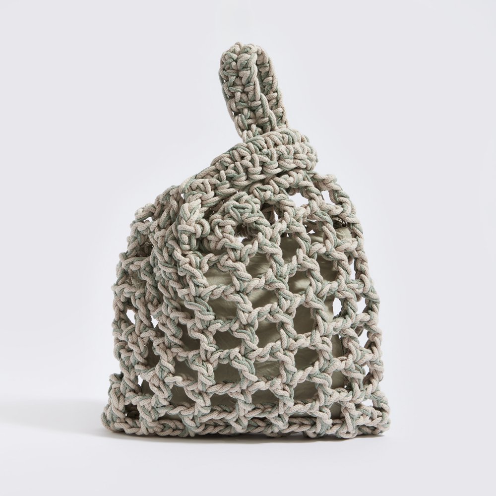 “Thalia cotton” crochet wrist bag with waterproof pouch crème + olive