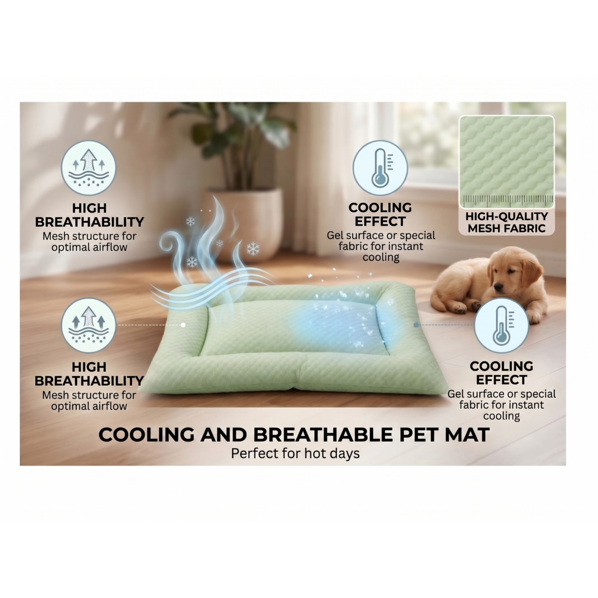 Yommy Cooling Mat for Pets: Breathable Ice Silk Blanket, Soft and Non-Slip. Available in 3 Colors (Green, Grey, Blue) and Sizes M/L/XL. Ideal for Dogs and Cats, Washable, and the Best Choice for Summer. Copy