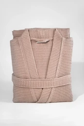 Warm gray 100% cotton waffle bathrobe with a belted waist and a shawl collar. Suitable for lounging or as a post-shower cover-up.