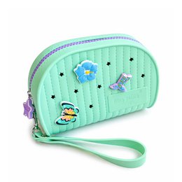Colorful quilted makeup bag with space rocket astronaut designs, available in mint green and yellow, wrist strap.