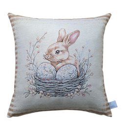  Decorative cushion cover with colorful gobelin-style embroidered Easter eggs and floral elements.