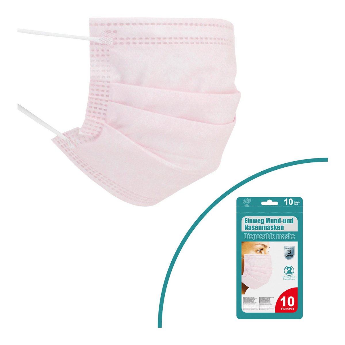 Mund-Nasen-Maske 10er Set Rosa, 3-lagig, mit Ohrschlaufen, in 10er Beutel