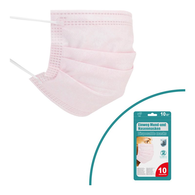 Mund-Nasen-Maske 10er Set Rosa, 3-lagig, mit Ohrschlaufen, in 10er Beutel