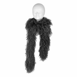 Black fluffy curly sheepskin scarf, long 180cm, soft textured wrap accessory.