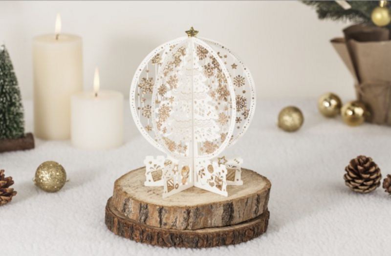 3D Pop up Christmas card with white Christmas trees and golden Christmas stars incl. message panel