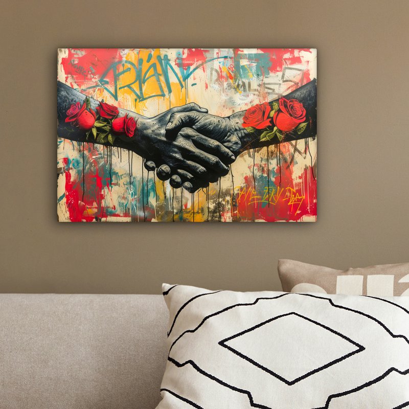 Canvas schilderij - Wanddecoratie Graffiti - Rozen - Handen - Street art - Muurdecoratie woonkamer - Slaapkamer decoratie - Kamer accessoires - Schilderijen op canvas