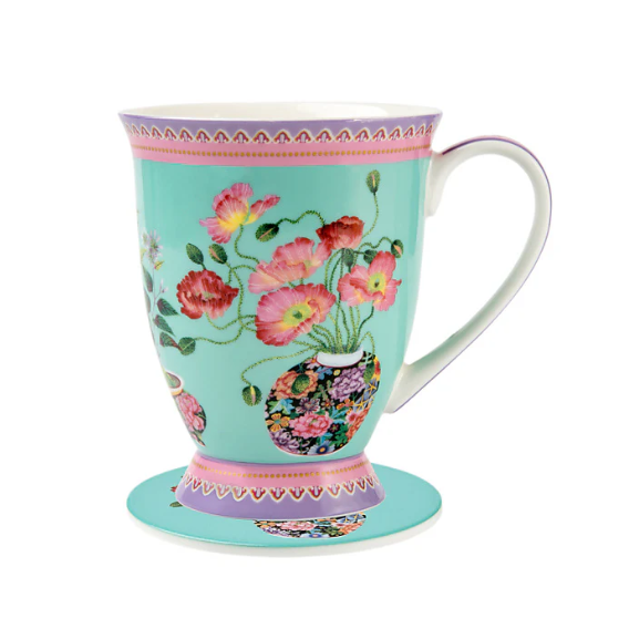 M&W Jardin Mug 300ml & Coaster, Poppy Blue, giftbox