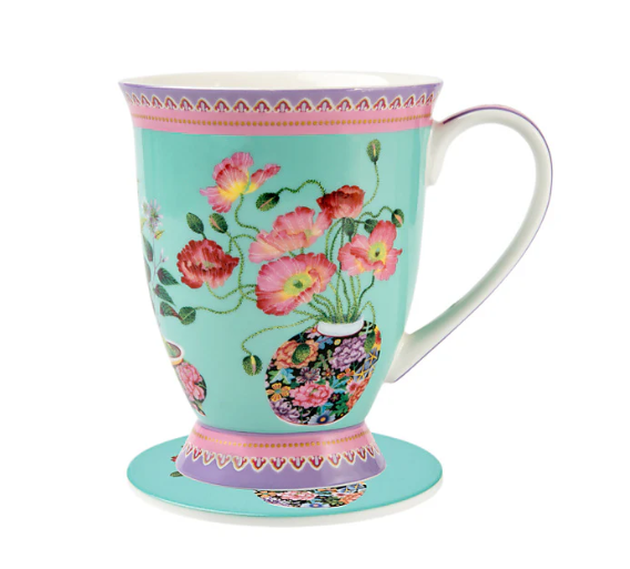 M&W Jardin Mug 300ml & Coaster, Poppy Blue, giftbox