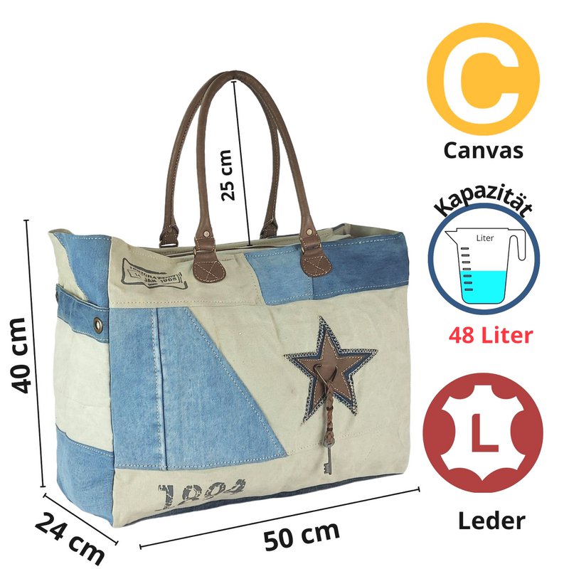 Bolso de fin de semana vintage Sunsa. Bolso de baño/bolsa de deporte shopper XXL.Bolso de lona y jeans reciclados. Bolso de hombro sostenible