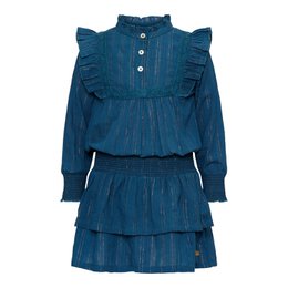 A long-sleeved, tiered denim dress in a deep blue color, featuring ruffled details and a high collar. The dress has a feminine, vintage-inspired style that would be suitable for a young girl.