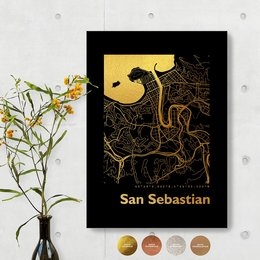 Angular wall art featuring a map of San Sebastian in various color options including gold, copper, rose gold, silver, and white. Available in two sizes: 30 x 42 cm and 21 x 30 cm.
