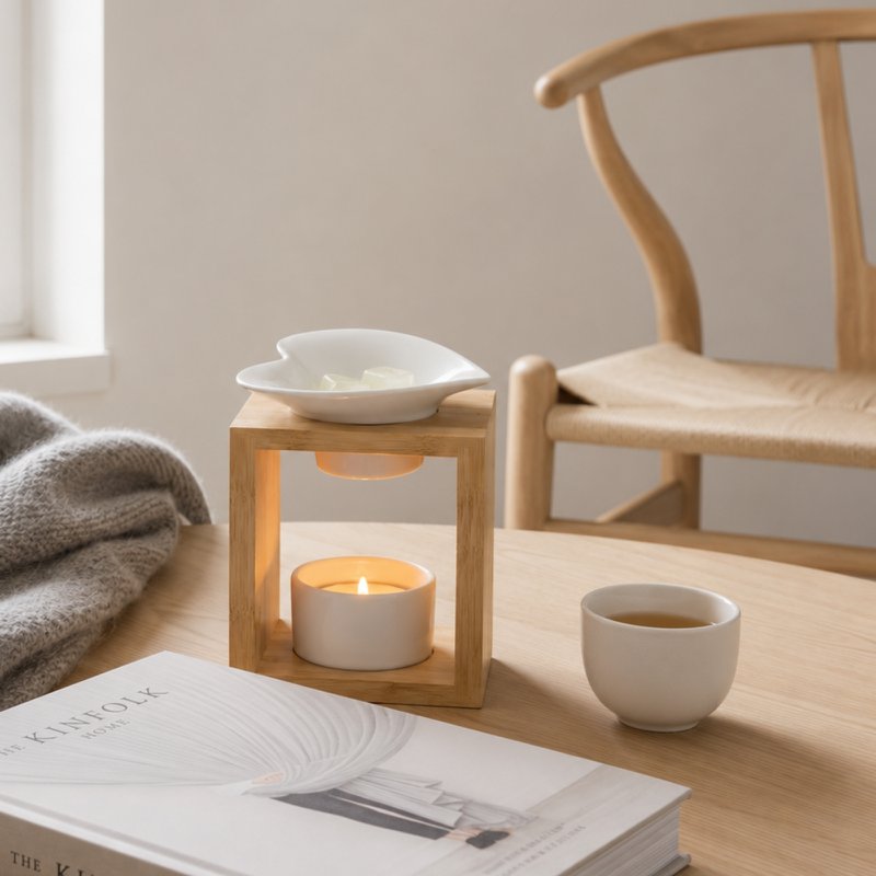Brûleur Fondant Série Naturea Arum – Design Moderne et Epuré en Céramique et Bambou – Bougeoir Aromathérapie Diffuseur d'Arôme