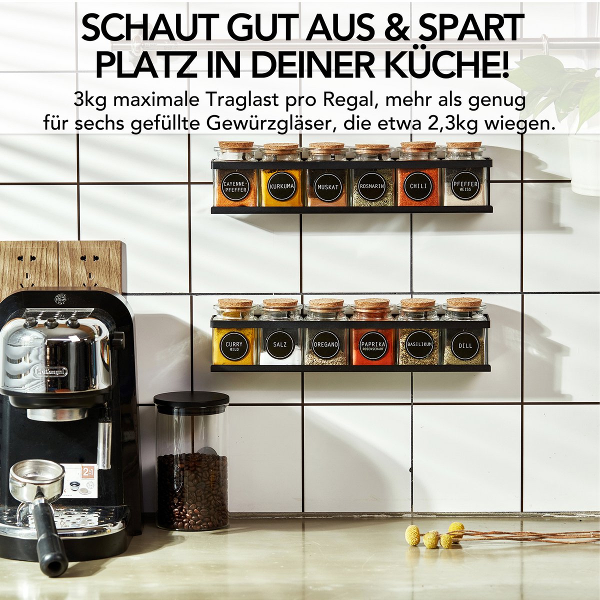 Spice Shelf (2 sæt) lavet af sort metal med 3M ™ klæbende puder