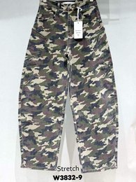 Camouflage pattern wide-leg stretch jeans, military green and tan colors, relaxed fit pants.