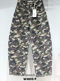Camouflage pattern wide-leg stretch jeans, military green and tan colors, relaxed fit pants.