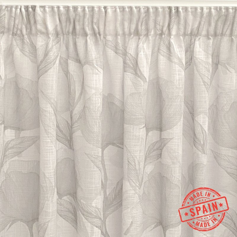 Rideau translucide, rideau imprimé numériquement en ruban multifonction (ruban fronceur ou serre-câble), allie motif floral et couleurs grises. Rideaux pour salon, chambre et cuisine.
