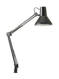 A modern, adjustable black desk lamp with a sleek, minimalist design. The lamp features a long, articulated arm that allows for flexible positioning and lighting control. Suitable for use in a home office or study space.