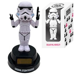 A white solar-powered figurine of a Stormtrooper from the Star Wars universe, with a black base and the text "Original Stormtrooper" printed on the packaging.