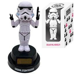 A white solar-powered figurine of a Stormtrooper from the Star Wars universe, with a black base and the text "Original Stormtrooper" printed on the packaging.