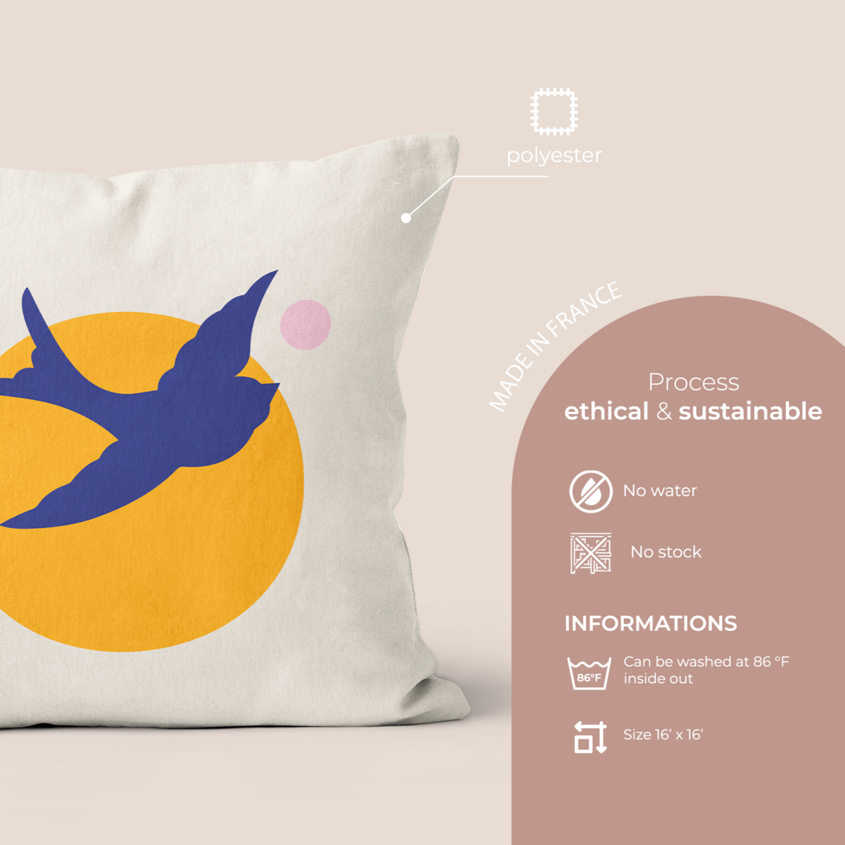 Yellow polyester bird decoration cushion 40x40cm 40x67cm - Philippine model