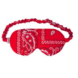 Red bandana-patterned hot/cold eye mask for sleep and relaxation.