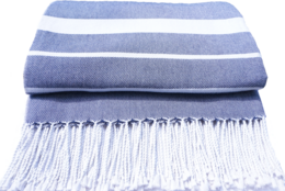 A soft, cozy throw blanket in shades of blue and white with a striped pattern and fringe trim. The blanket appears to be made of a warm, textured material, likely wool or a wool blend.