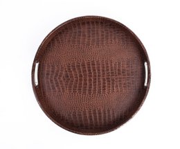 Plateau rond en crocodile marron clair avec poignées en laiton