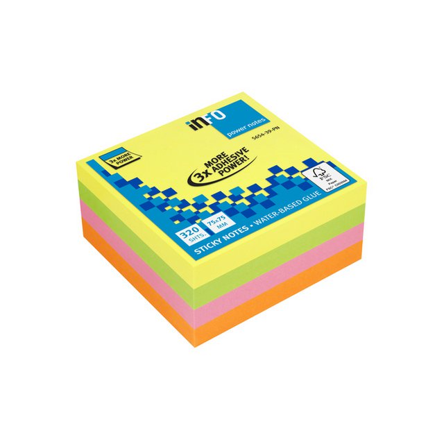 PowerNotes Info Notes 75x75mm ass. bright color block of 320 sheets