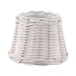 A round, white wicker lampshade with a clip-on attachment. The lampshade measures 13cm in width, 13cm in depth, and 9cm in height.
