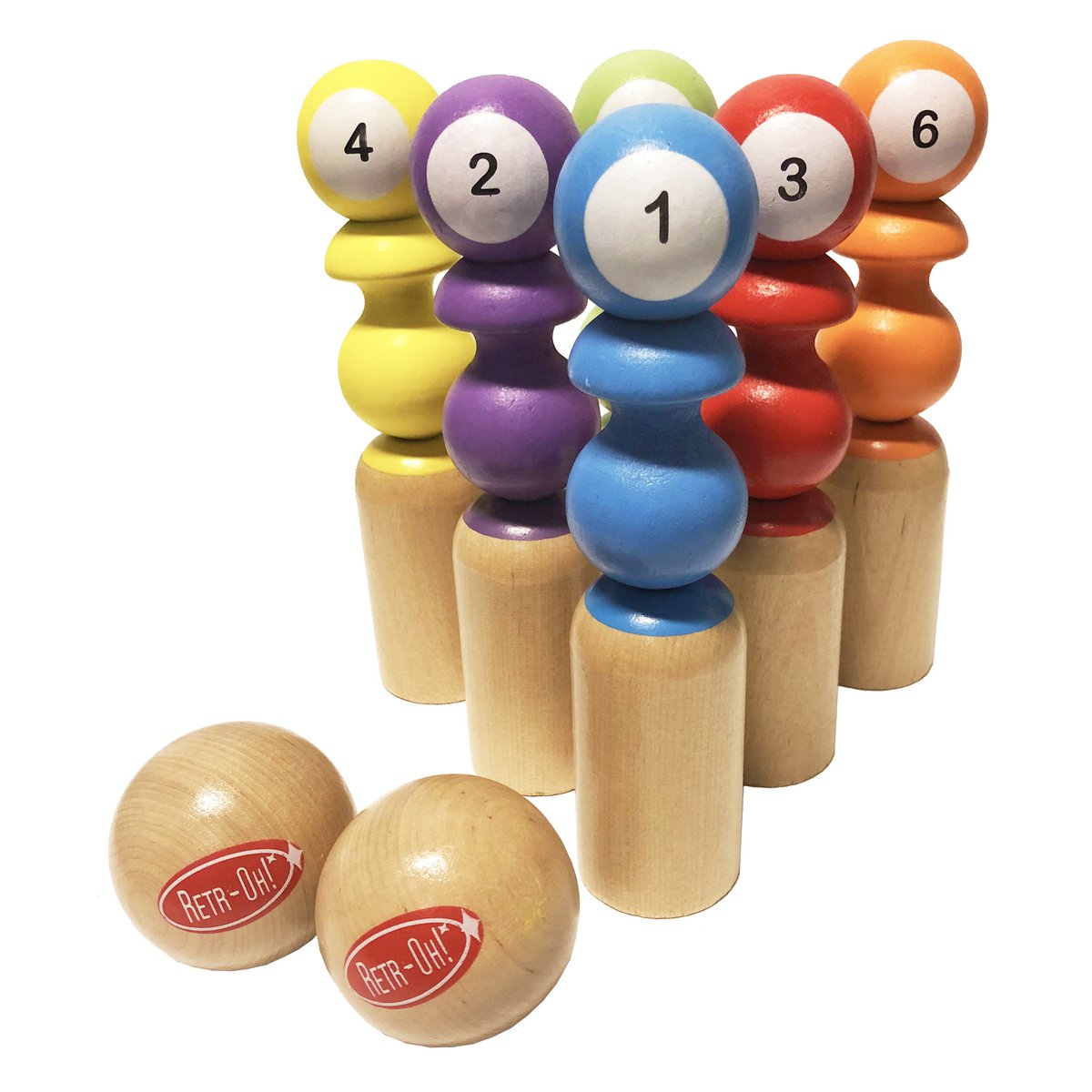 Ret -oh hölzerne Spiel Bowlinget Kinder / Spielzeugkegelspiel - 6 Zapfen & 2 Bälle weg = on