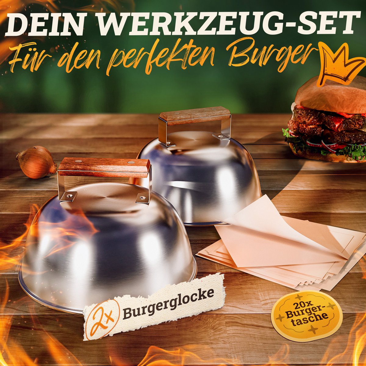 Burger Bells Set [3-PC.] Pour les hamburgers smash en acier inoxydable et des poignées en bois d'Acacia pour plancha, plaque de grill, grill à gaz et plaque de feu