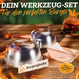 Burger Bells Set [3-pc.] Per gli hamburger Smash realizzati in acciaio inossidabile e manici in legno di acacia per plancha, piastra per griglia, griglia a gas e piastra di fuoco