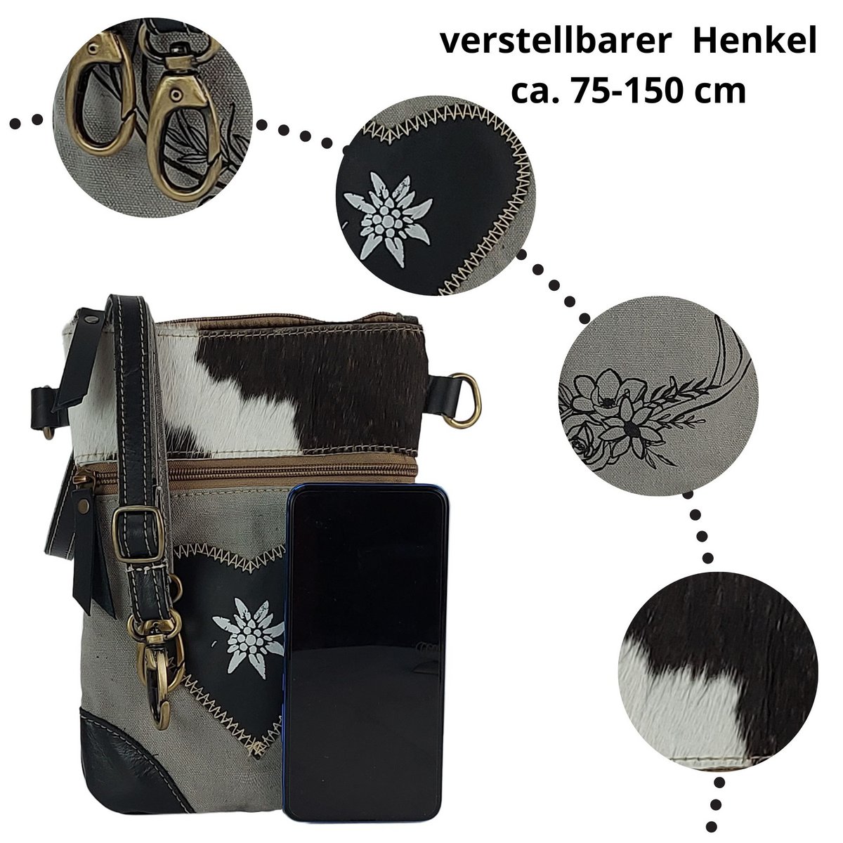 Nieuwe Domelo Dirndl schoudertas - Oktoberfest traditionele tas. Tas met edelweiss & hart design - traditionele kleine crossbody tas gemaakt van canvas & koeienhuid. kopiëren