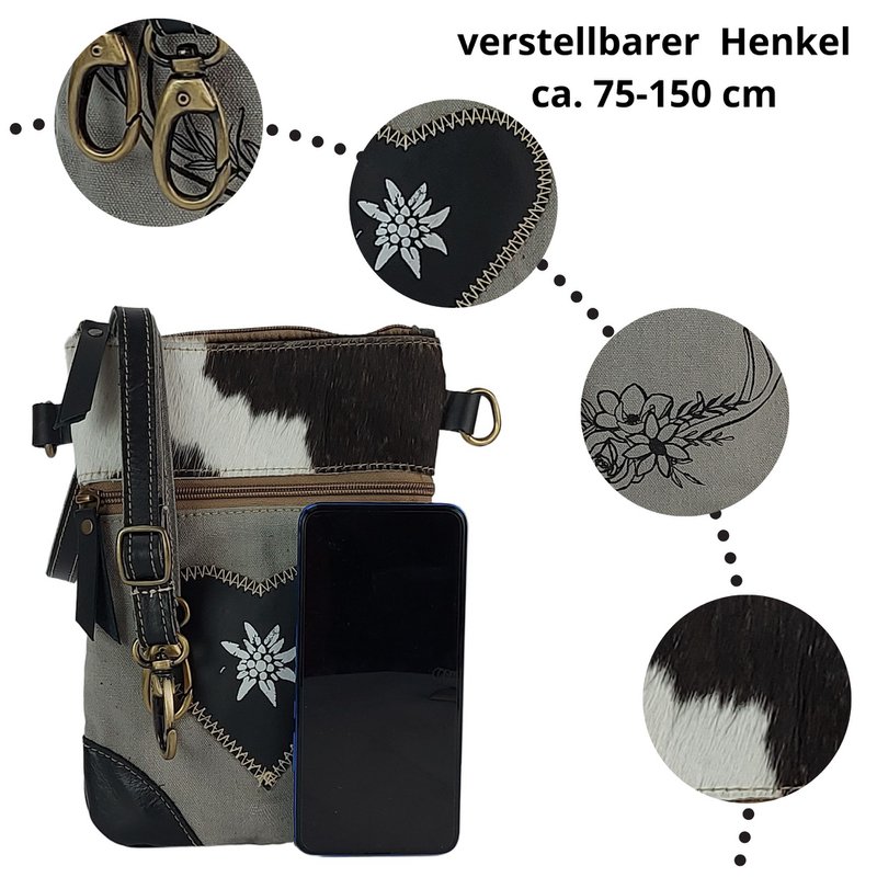 Nieuwe Domelo Dirndl schoudertas - Oktoberfest traditionele tas. Tas met edelweiss & hart design - traditionele kleine crossbody tas gemaakt van canvas & koeienhuid. kopiëren
