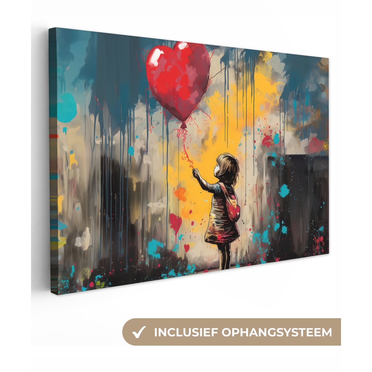 Canvas schilderij  - Wanddecoratie Meisje - Ballon - Hart - Graffiti - Muurdecoratie woonkamer - Slaapkamer decoratie - Kamer accessoires - Schilderijen op canvas