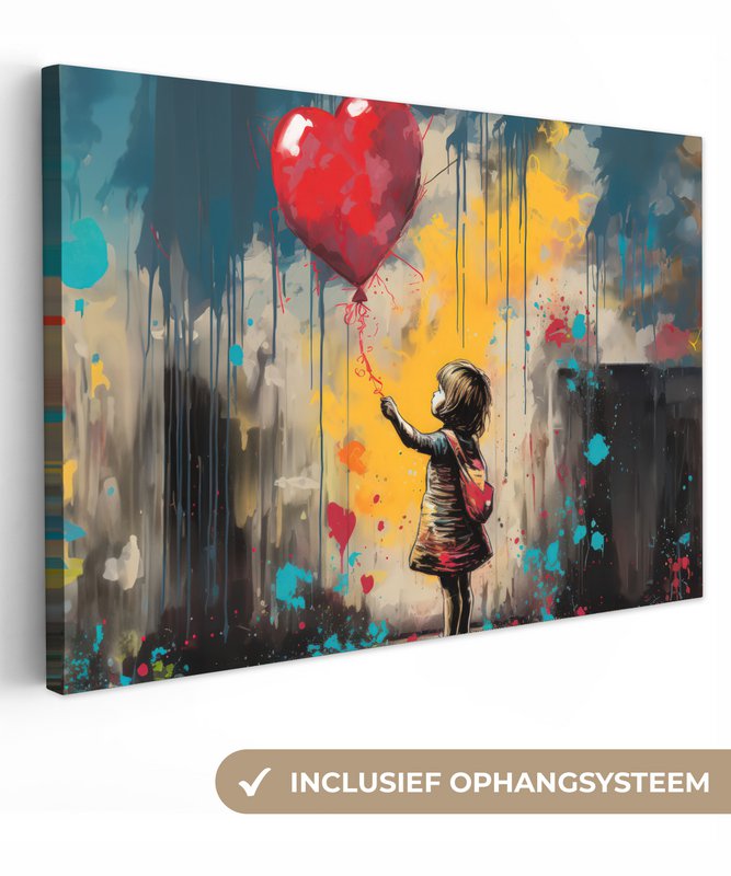 Canvas schilderij  - Wanddecoratie Meisje - Ballon - Hart - Graffiti - Muurdecoratie woonkamer - Slaapkamer decoratie - Kamer accessoires - Schilderijen op canvas